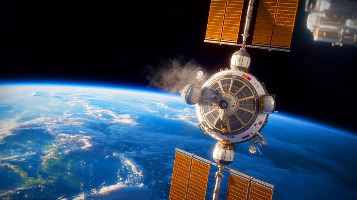 Illustration of the International Space Station facing an air leak crisis in the Zvezda module, generated by artificial intelligence.