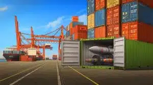 Illustration of China's Containerized Sea Defense Combat System hidden in shipping containers, generated by artificial intelligence.