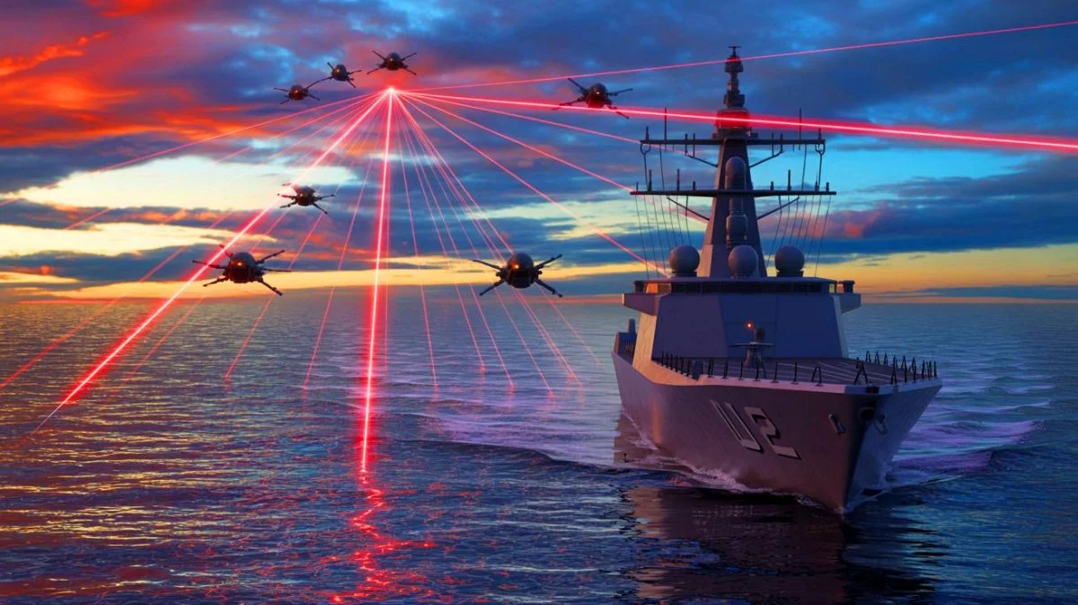 Illustration of the US Navy using AI-enhanced laser weapons to target drone swarms, created by artificial intelligence.