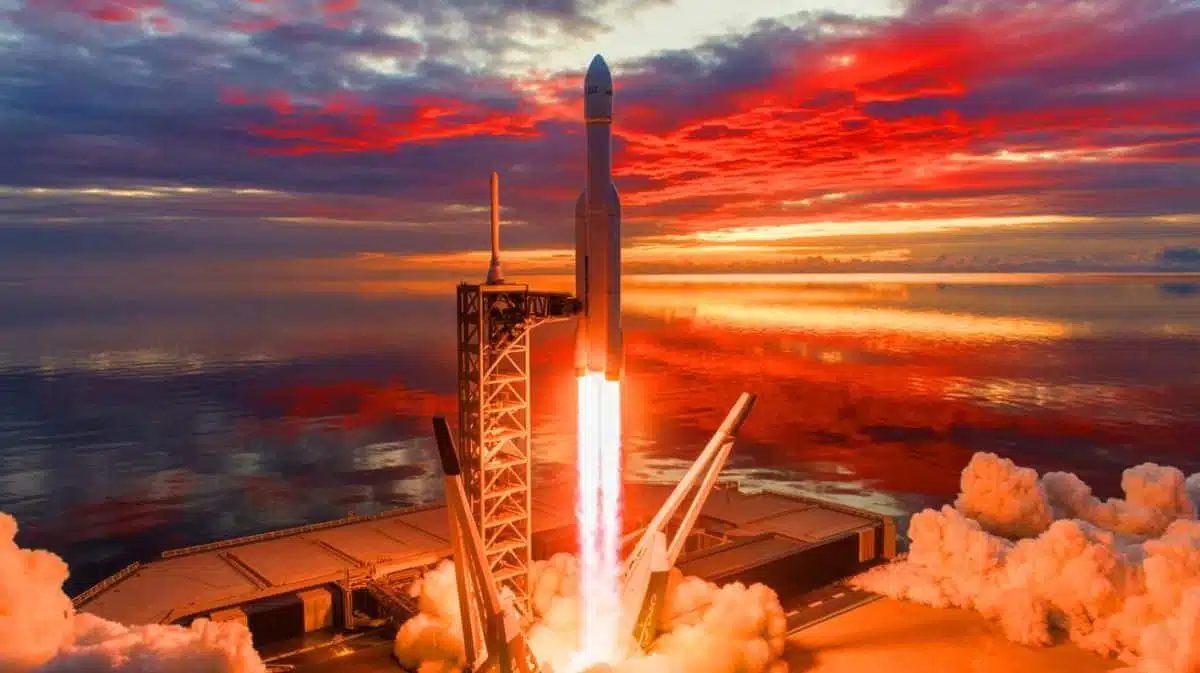 Illustration of SpaceX's Starship rocket traveling at supersonic speeds between London and New York, generated by artificial intelligence.