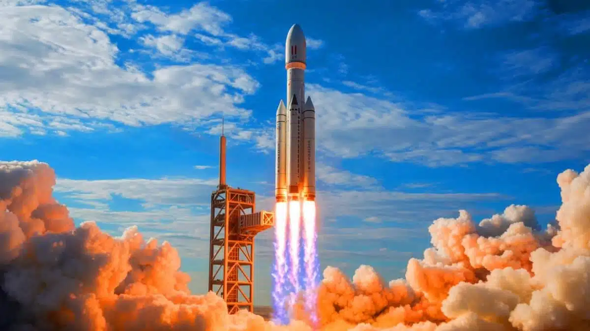 Illustration of a futuristic rocket transporting cargo globally in under 90 minutes, generated by artificial intelligence.