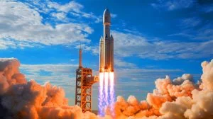 Illustration of a futuristic rocket transporting cargo globally in under 90 minutes, generated by artificial intelligence.