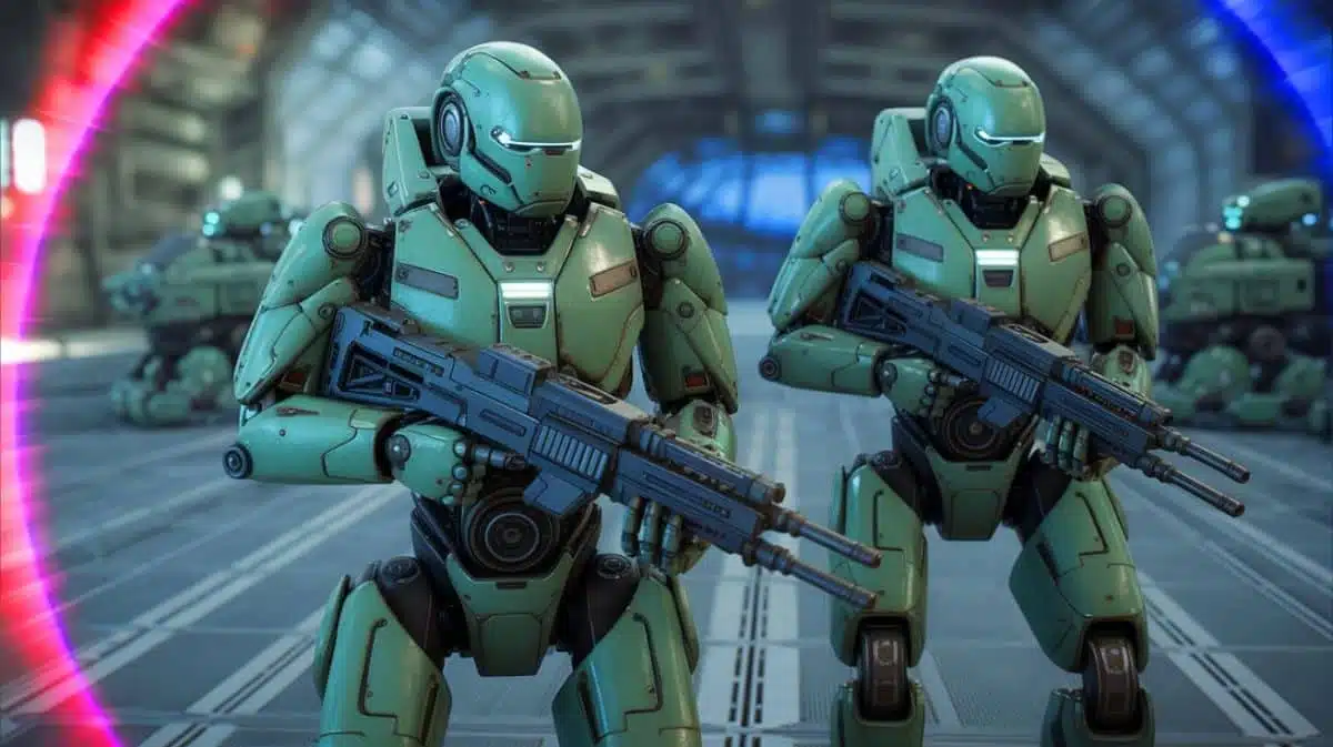 Illustration of an army of humanoid robots equipped with blasters, generated by artificial intelligence.