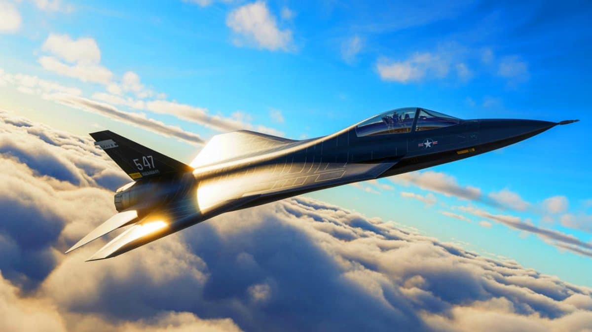 Illustration of the F-47 Next Generation Air Dominance fighter jet in flight, an artificial illustration.