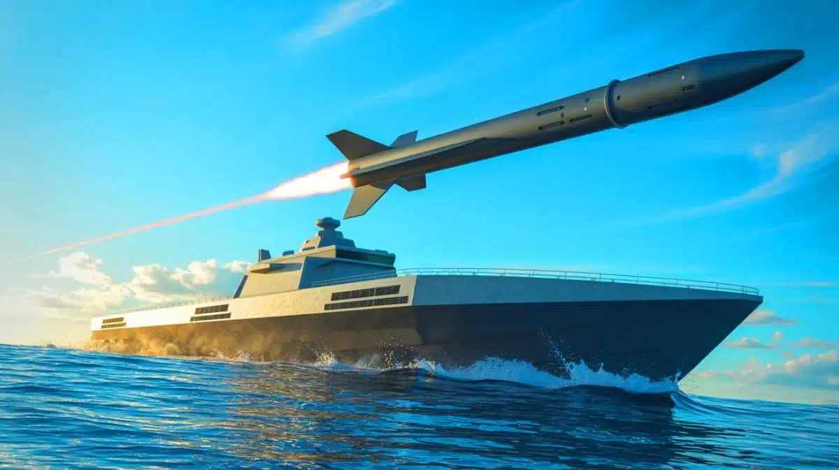 Illustration d'un navire autonome testant le lancement d'un missile SM-6, générée par intelligence artificielle.