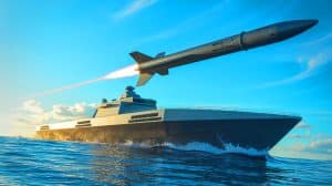 Illustration d'un navire autonome testant le lancement d'un missile SM-6, générée par intelligence artificielle.