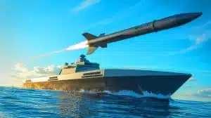 Illustration d'un navire autonome testant le lancement d'un missile SM-6, générée par intelligence artificielle.