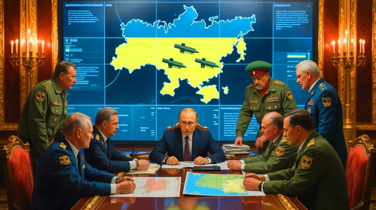 Illustration of Vladimir Putin's strategic calculations regarding nuclear weapons in the Russia-Ukraine conflict, generated by artificial intelligence.