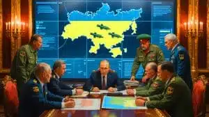 Illustration of Vladimir Putin's strategic calculations regarding nuclear weapons in the Russia-Ukraine conflict, generated by artificial intelligence.