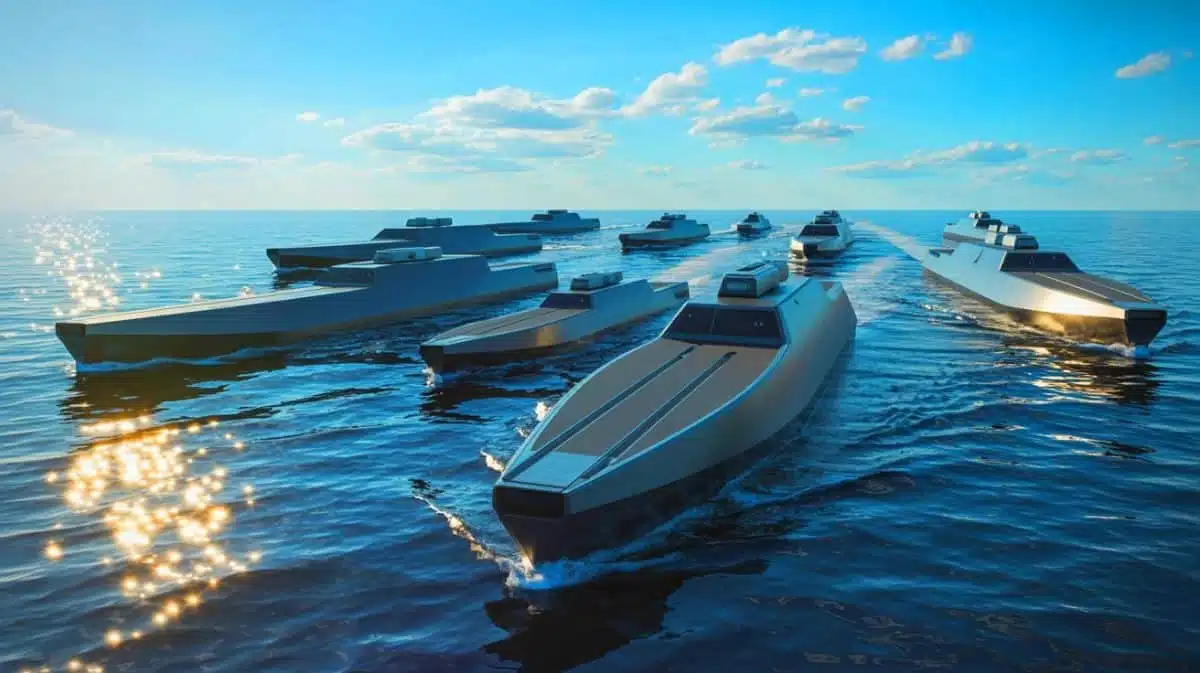 Illustration de navires de combat autonomes intégrés dans un groupe naval futuriste, générée par intelligence artificielle.