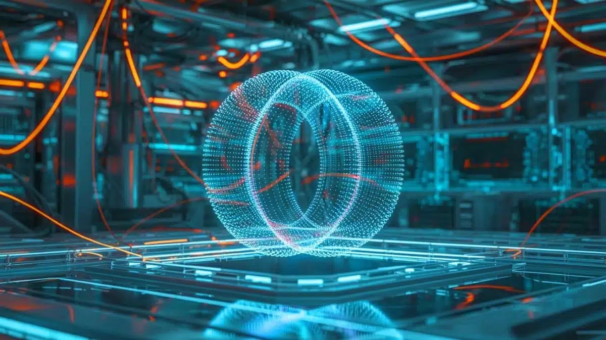 Illustration of quantum entanglement enhancing 3D holographic imaging, generated by artificial intelligence.