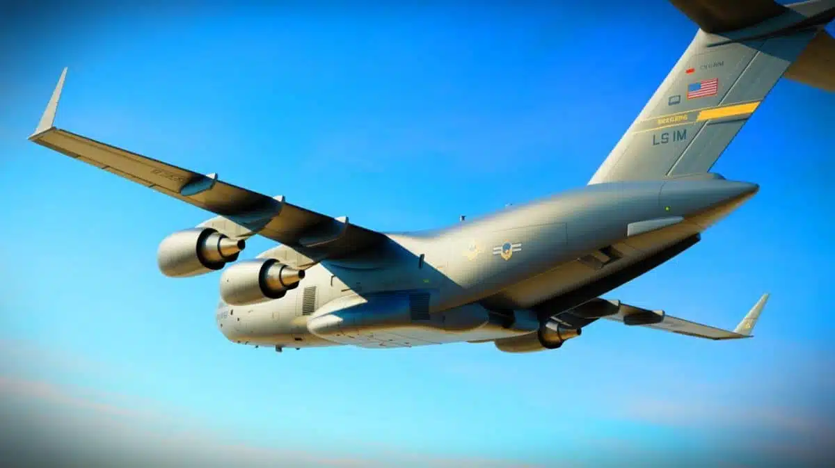 Illustration of a U.S. Air Force C-17 Globemaster III equipped with 3D-printed microvane technology, generated by artificial intelligence.