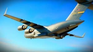 Illustration of a U.S. Air Force C-17 Globemaster III equipped with 3D-printed microvane technology, generated by artificial intelligence.