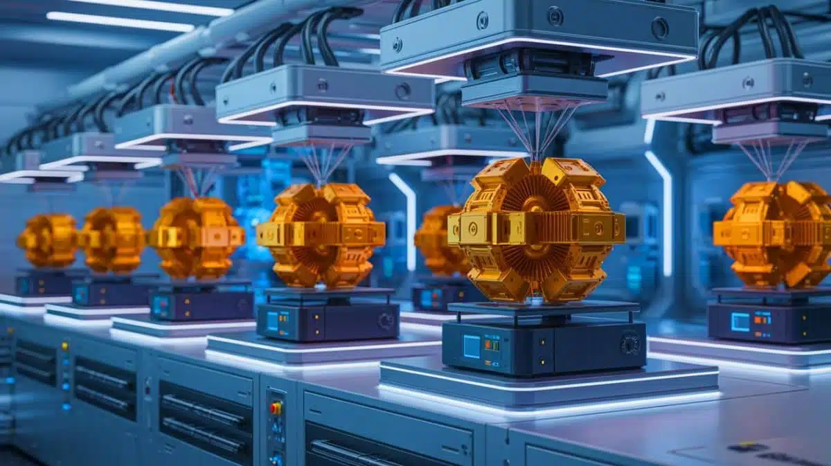 Illustration of the UKAEA's advanced 3D printing machines for fusion reactor components, generated by artificial intelligence.