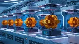Illustration of the UKAEA's advanced 3D printing machines for fusion reactor components, generated by artificial intelligence.