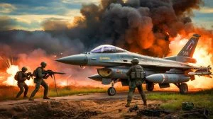 Illustration of escalating conflict between Thailand and Cambodia with military equipment, created by artificial intelligence.