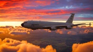 Illustration of NATO's E-4B Nightwatch aircraft flying over Europe, created by artificial intelligence.