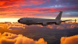Illustration of NATO's E-4B Nightwatch aircraft flying over Europe, created by artificial intelligence.