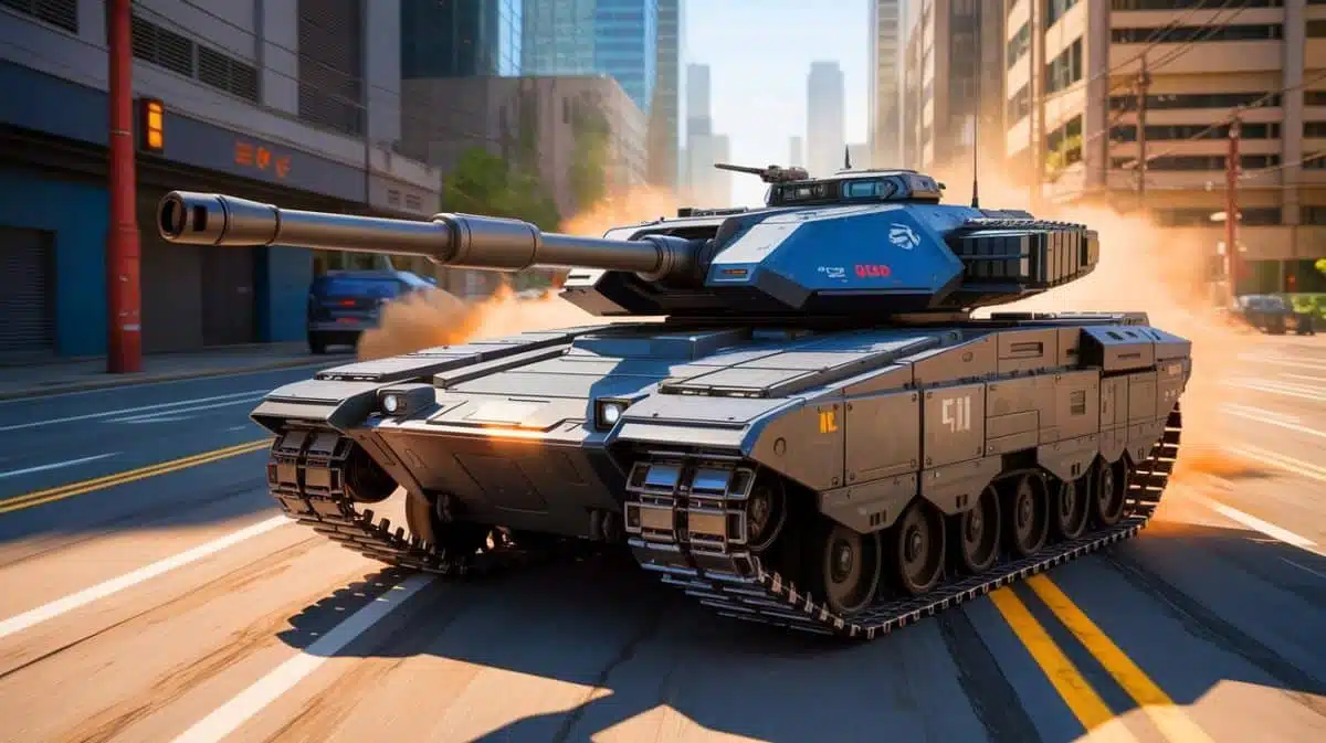 Illustration of the Shturm robotic assault system in urban combat, generated by artificial intelligence.
