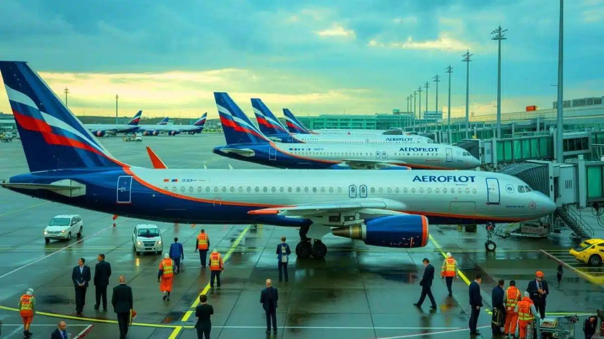Illustration of Aeroflot planes grounded due to a cyberattack disruption.
