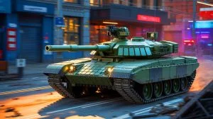 Illustration von einem russischen Shturm-Robotik-Panzersystem im Einsatz während eines Feldversuchs.
