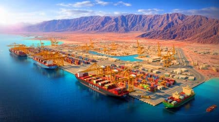 Illustration of the Port of Neom construction progress within Oxagon city's infrastructure.