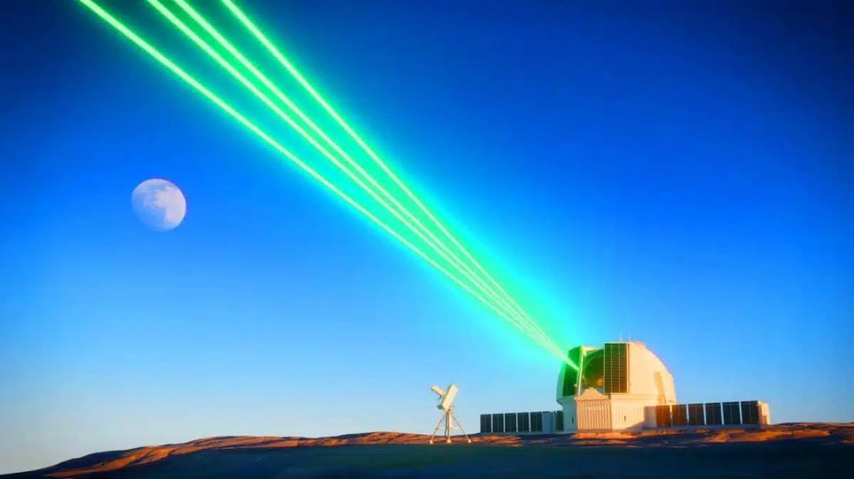 Illustration de la prouesse technologique chinoise consistant à tirer un laser sur un satellite lunaire en plein jour, image générée par intelligence artificielle.