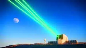Illustration de la prouesse technologique chinoise consistant à tirer un laser sur un satellite lunaire en plein jour, image générée par intelligence artificielle.