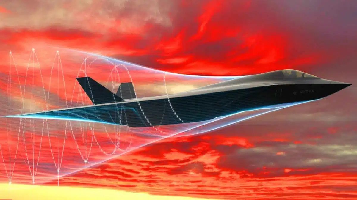 Illustration of the impact of quantum sensing on stealth technology in military aviation, generated by artificial intelligence.
