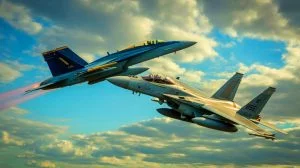 Illustration of the F/A-18 Super Hornet in a simulated dogfight with an F-15 Eagle. Image generated by AI.