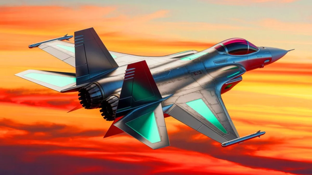 Illustration of high-temperature shape memory alloys enhancing the efficiency of U.S. fighter jets, created by artificial intelligence.