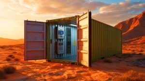 Illustration of mobile vaults housed in 20-foot shipping containers for secure nuclear weapons storage.