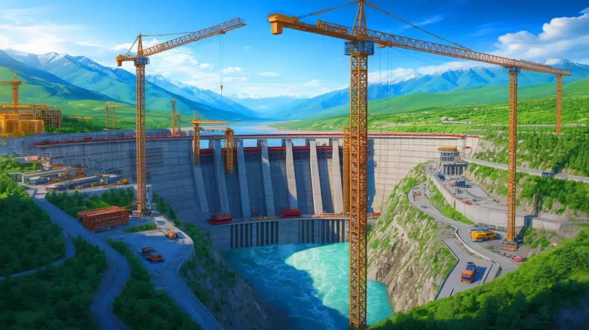 Illustration of the world's largest hydroelectric dam under construction in Tibet, generated by artificial intelligence.