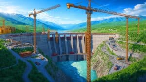 Illustration of the world's largest hydroelectric dam under construction in Tibet, generated by artificial intelligence.