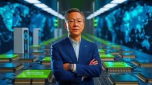 Illustration of Nvidia CEO Jensen Huang navigating geopolitical tensions over semiconductor technologies and AI chips, generated by artificial intelligence.