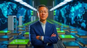 Illustration of Nvidia CEO Jensen Huang navigating geopolitical tensions over semiconductor technologies and AI chips, generated by artificial intelligence.