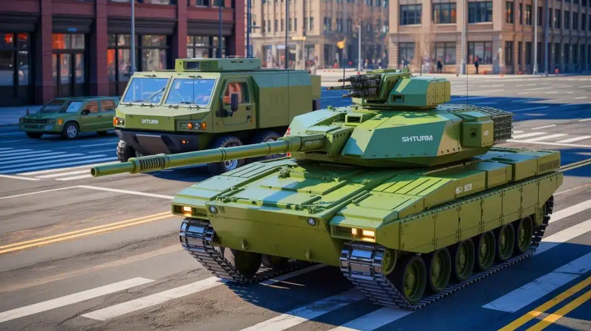 Illustration of the Shturm robotic tank complex in an urban combat environment.