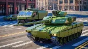Illustration of the Shturm robotic tank complex in an urban combat environment.