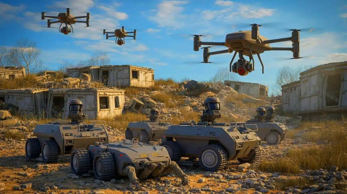 Illustration of Ukraine's unmanned robots and drones capturing Russian soldiers, generated by artificial intelligence.
