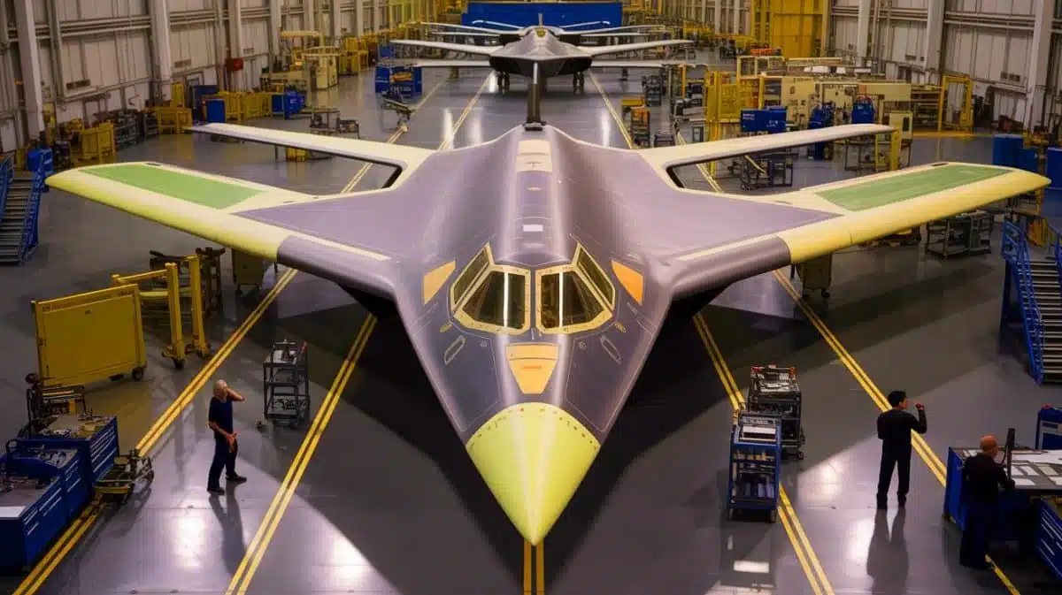 Illustration of the B-21 Raider bomber production expansion at Northrop Grumman's Palmdale facility, an artificial illustration.
