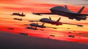 Illustration of Elon Musk envisioning drones replacing manned fighter jets in military aviation.