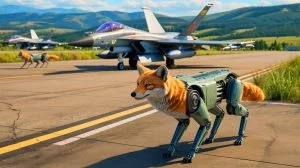 Illustration of robotic coyotes patrolling a military airfield as an innovative wildlife deterrent system.