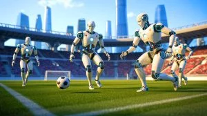 Illustration of humanoid robots competing in a fully autonomous soccer match, generated by artificial intelligence.