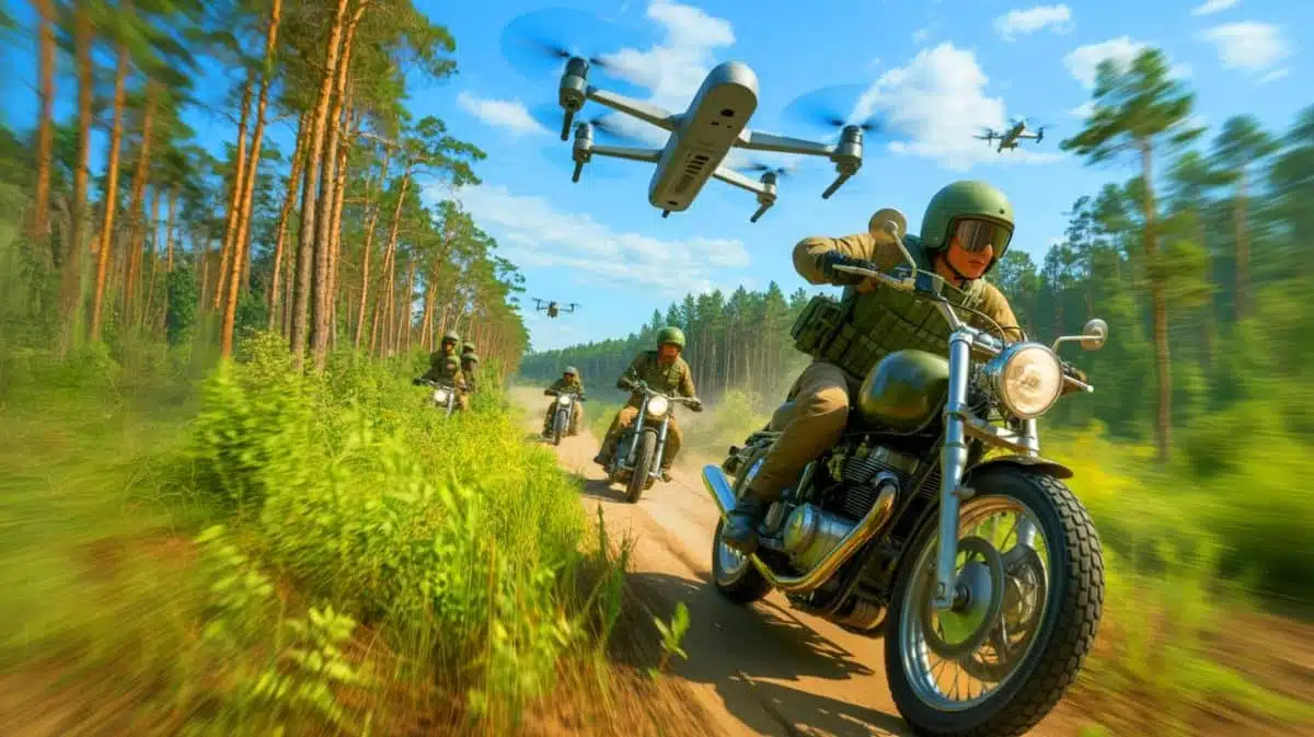 Illustration of motorcycle assaults as a new tactic in the Russia-Ukraine conflict, generated by artificial intelligence.