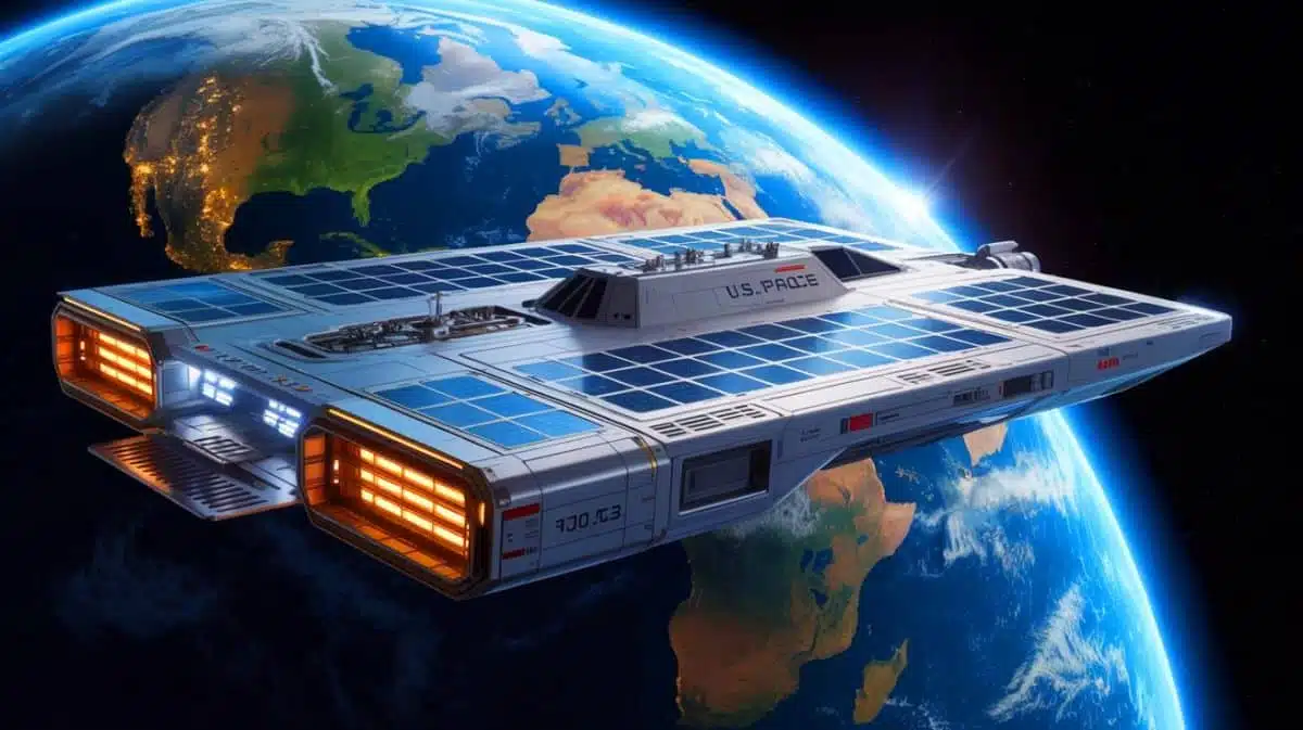 Illustration of an orbital spacecraft carrier concept designed for the U.S. Space Force, generated by artificial intelligence.