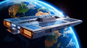 Illustration of an orbital spacecraft carrier concept designed for the U.S. Space Force, generated by artificial intelligence.