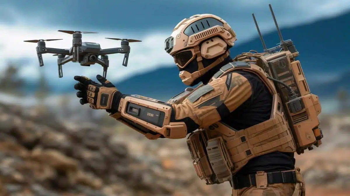 Illustration of China's advanced exoskeleton suit designed for drone-operating soldiers, generated by artificial intelligence.