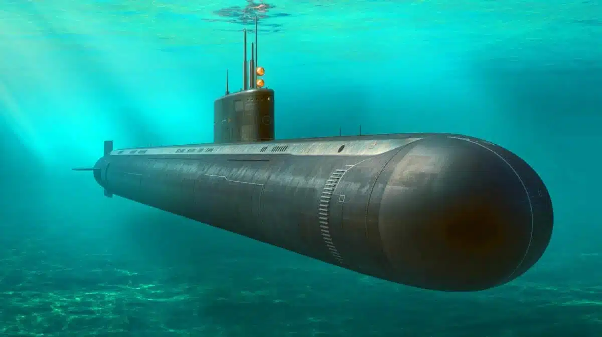 Illustration of the Virginia Block V attack submarine showcasing its enlarged hull and advanced technology, generated by artificial intelligence.
