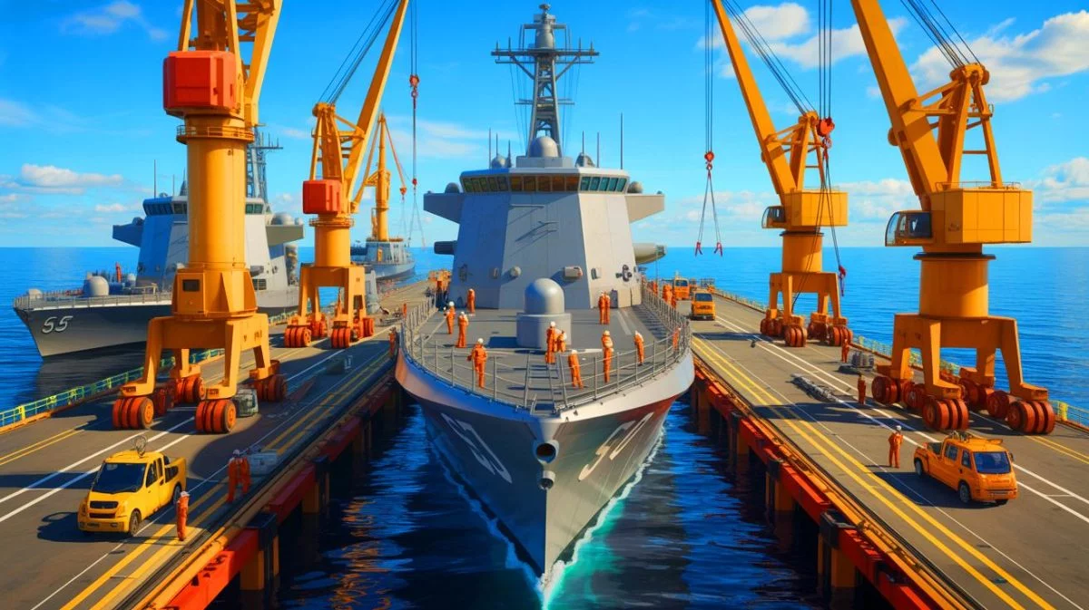 Illustration of the strategic expansion of the U.S. Navy fleet and international collaboration in naval technology, generated by artificial intelligence.