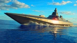 Illustration of the AIRCAT Bengal Module Carrier, an advanced autonomous warship, generated by artificial intelligence.